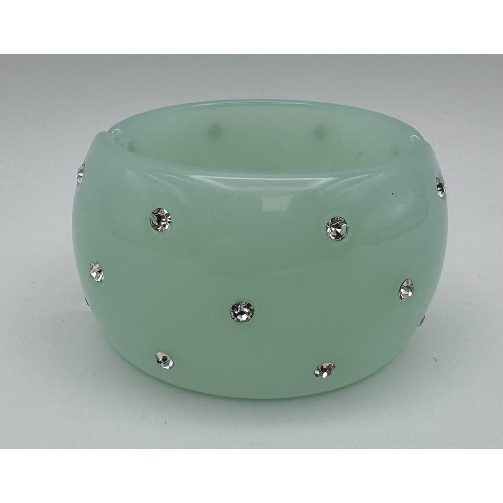 Vtg Lucite Chunky Bangle Hinge Magnet Close Rhinestones Teal Aqua 2.5"